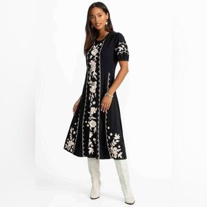 NWT Johnny Was Black and Cream Floral SEAMED MIDI  KNIT DRESS PM